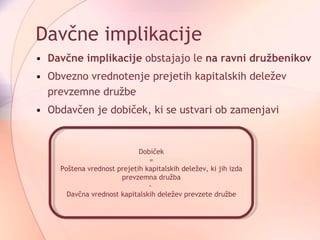 Davčne implikacije Davčne implikacije  obstajajo le  na ravni družbenikov Obvezno vrednotenje prejetih kapitalskih deležev prevzemne družbe Obdavčen je dobiček, ki se ustvari ob zamenjavi Dobiček = Poštena  vrednost prejetih kapitalskih  deležev , ki jih izda  p revzemna družba -  Davčna vrednost kapitalskih deležev prevzete družbe 