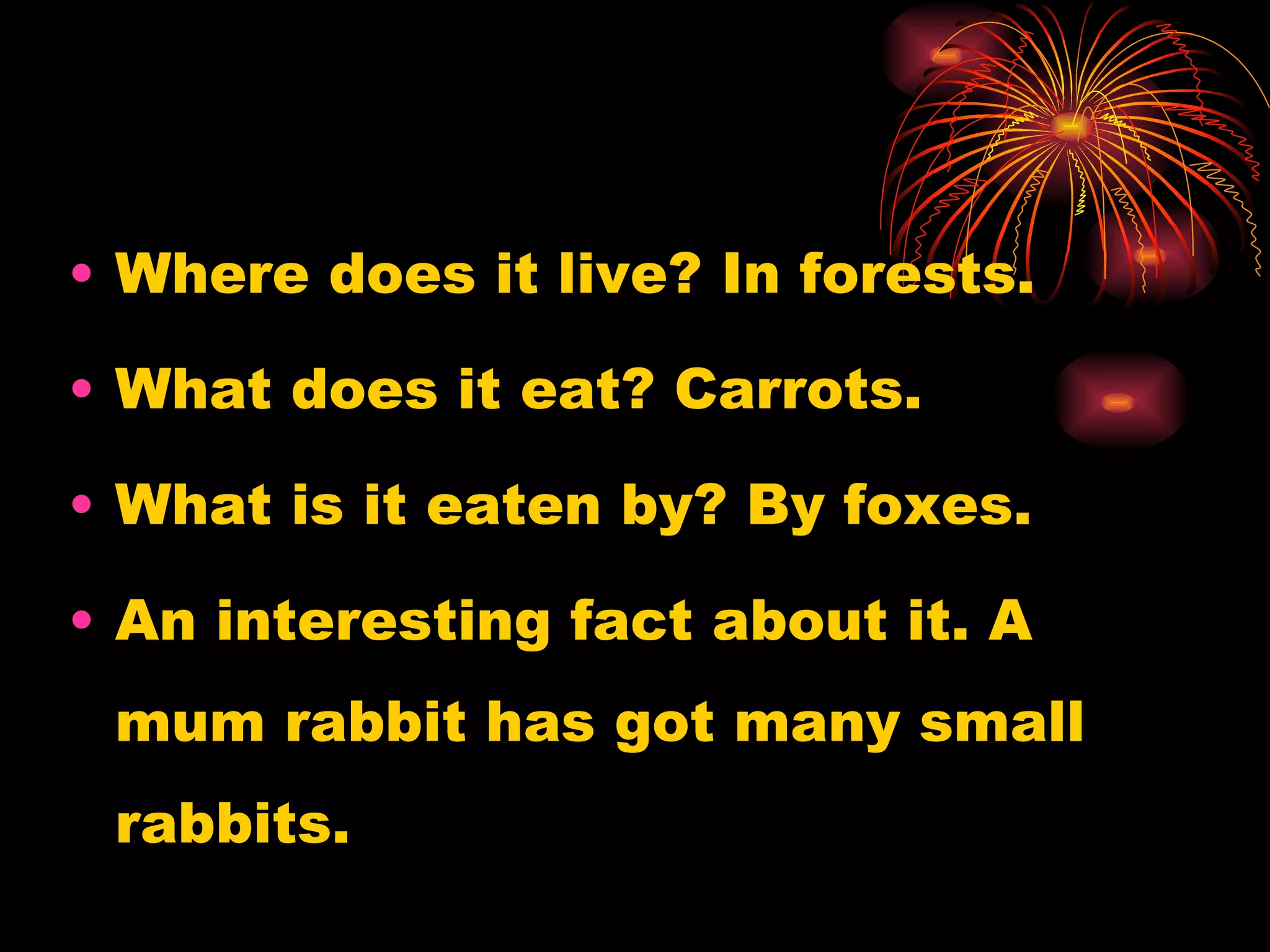 Where does it live? In forests. What does it eat? Carrots. What is it eaten by? By foxes. An interesting fact about it. A mum rabbit has got many small rabbits. 