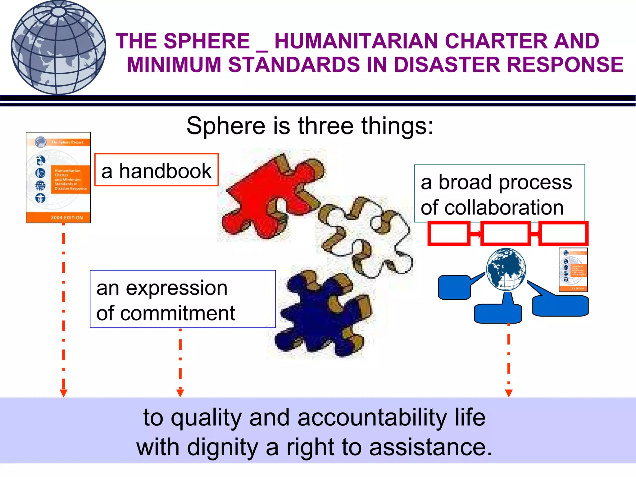 THE SPHERE _ HUMANITARIAN CHARTER AND    MINIMUM STANDARDS IN DISASTER RESPONSE Sphere is three things: a  handbook a broad process  of collaboration  an expression  of commitment  to quality and accountability life  with dignity   a right to assistance.  