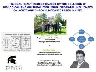  

“GLOBAL HEALTH CRISES CAUSED BY THE COLLISION OF
BIOLOGICAL AND CULTURAL EVOLUTION: PRE-NATAL INFLUENCES
ON ACUTE AND CHRONIC DISEASES LATER IN LIFE”

Prof. James E. Trosko
Department of Pediatrics/Human
Development
College of Human Medicine
&
Prof. Reza Nassiri
Institute International Health
College of Osteopathic Medicine

Michigan State University
East Lansing, Michigan 48824
E-mail: james.trosko@ht.msu.edu

 