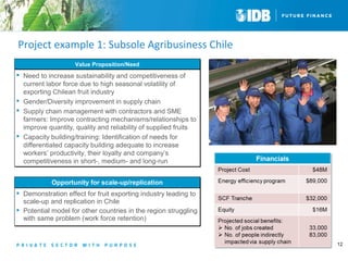 Project example 1: Subsole Agribusiness Chile 
12 
VVaalluuee PPrrooppoossiittiioonn//NNeeeedd 
 Need to increase sustainability and competitiveness of 
current labor force due to high seasonal volatility of 
exporting Chilean fruit industry 
 Gender/Diversity improvement in supply chain 
 Supply chain management with contractors and SME 
farmers: Improve contracting mechanisms/relationships to 
improve quantity, quality and reliability of supplied fruits 
 Capacity building/training: Identification of needs for 
differentiated capacity building adequate to increase 
workers’ productivity, their loyalty and company’s 
competitiveness in short-, medium- and long-run 
OOppppoorrttuunniittyy ffoorr ssccaallee--uupp//rreepplliiccaattiioonn 
 Demonstration effect for fruit exporting industry leading to 
scale-up and replication in Chile 
 Potential model for other countries in the region struggling 
with same problem (work force retention) 
 