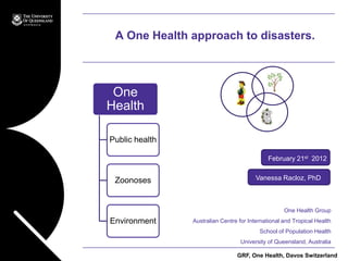 A One Health approach to disasters.



 One
Health

Public health

                                             February 21st 2012


 Zoonoses                                Vanessa Racloz, PhD



                                                     One Health Group
Environment     Australian Centre for International and Tropical Health
                                          School of Population Health
                                   University of Queensland, Australia
                                              Name of presentation Month 2009
                                 GRF, One Health, Davos Switzerland
 