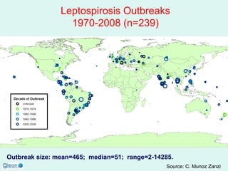 Leptospirosis Outbreaks
1970-2008 (n=239)

Outbreak size: mean=465; median=51; range=2-14285.
Source: C. Munoz Zanzi

 