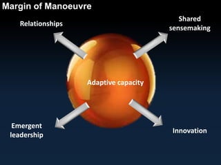 Margin of Manoeuvre 
Shared 
sensemaking 
Emergent 
leadership 
Innovation 
Adaptive capacity 
Relationships 
 