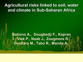 Agricultural risks linked to soil, water
 and climate in Sub-Saharan Africa




    Bationo A., Dougbedji F., Kapran
    I.; Vlek P., Naab J., Zougmore R.,
     Ouattara M., Tabo R., Mando A.,
 