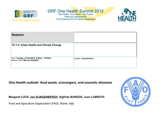 One Health outlook: food waste, scavengers, and zoonotic diseases Margaret LUCK,  Jan SLINGENBERGH , Sigfrido BURGOS, Juan LUBROTH Food and Agriculture Organization (FAO), Rome, Italy Session TU 1.2: Urban Health and Climate Change   Time:  Tuesday, 21/Feb/2012: 8:30am - 10:00am Session Chair:  Manuel CESARIO Location:   Schwarzhorn 
