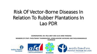 Risk Of Vector-Borne Diseases In
Relation To Rubber Plantations In
Lao PDR
COORDINATORS: DR. PAUL BREY AND JULIE-ANNE TANGENA
MEMBERS OF STAFF: PHOUTMANY THAMMAVONG, HONGLAKHONE XAIYASING AND PHOUVANNAMALEE
VILAYSOUK
 