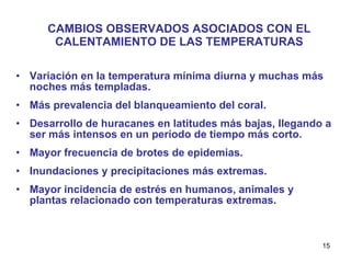 CAMBIOS OBSERVADOS ASOCIADOS CON EL CALENTAMIENTO DE LAS TEMPERATURAS Variación en la temperatura mínima diurna y muchas más noches más templadas. Más prevalencia del blanqueamiento del coral. Desarrollo de huracanes en latitudes más bajas, llegando a ser más intensos en un período de tiempo más corto. Mayor frecuencia de brotes de epidemias. Inundaciones y precipitaciones más extremas. Mayor incidencia de estrés en humanos, animales y plantas relacionado con temperaturas extremas. 