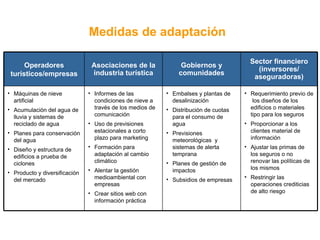 Medidas de adaptación   Operadores turísticos/empresas Asociaciones de la industria turística Gobiernos y comunidades Sector financiero (inversores/ aseguradoras) Máquinas de nieve artificial Acumulación del agua de lluvia y sistemas de reciclado de agua Planes para conservación del agua Diseño y estructura de edificios a prueba de ciclones Producto y diversificación del mercado Informes de las condiciones de nieve a través de los medios de comunicación Uso de previsiones estacionales a corto plazo para marketing Formación para adaptación al cambio climático Alentar la gestión medioambiental con empresas Crear sitios web con información práctica Embalses y plantas de desalinización Distribución de cuotas para el consumo de agua Previsiones meteorológicas  y sistemas de alerta temprana Planes de gestión de impactos  Subsidios de empresas Requerimiento previo de  los diseños de los edificios o materiales tipo para los seguros Proporcionar a los clientes material de información Ajustar las primas de  los seguros o no renovar las políticas de los mismos Restringir las operaciones crediticias de alto riesgo 