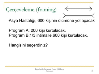 Çerçeveleme (framing)
Deniz İspirli, Davranışsal Finans, Celal Bayar
Üniversitesi 21
Asya Hastalığı, 600 kişinin ölümüne yol açacak
Program A: 200 kişi kurtulacak.
Program B:1/3 ihtimalle 600 kişi kurtulacak.
Hangisini seçerdiniz?
 