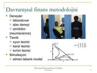 Deniz İspirli, Davranışsal Finans, Celal Bayar
Üniversitesi 6
Davranışsal finans metodolojisi
 Deneyler
 laboratuvar
 alan deneyi
 sinirbilim
(neuroscience)
 Teorik
 oyun teorisi
 karar teorisi
 evrim teorisi
 Simulasyon
 etmen tabanlı model
 