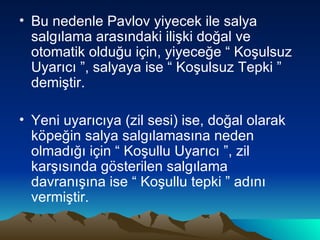 Bu nedenle Pavlov yiyecek ile salya salgılama arasındaki ilişki doğal ve otomatik olduğu için, yiyeceğe “ Koşulsuz Uyarıcı ”, salyaya ise “ Koşulsuz Tepki ” demiştir. Yeni uyarıcıya (zil sesi) ise, doğal olarak köpeğin salya salgılamasına neden olmadığı için “ Koşullu Uyarıcı ”, zil karşısında gösterilen salgılama davranışına ise “ Koşullu tepki ” adını vermiştir. 