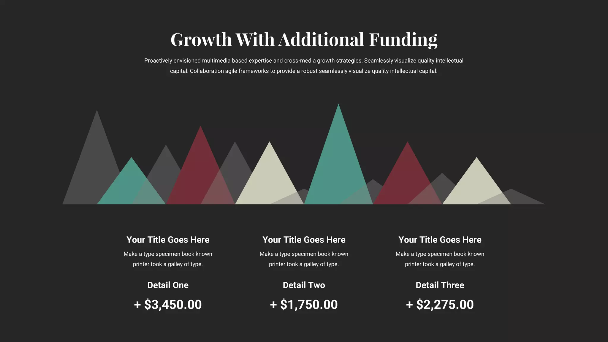 Your Title Goes Here
Make a type specimen book known
printer took a galley of type.
Your Title Goes Here
Make a type specimen book known
printer took a galley of type.
Your Title Goes Here
Make a type specimen book known
printer took a galley of type.
Detail One
+ $3,450.00
Detail Two
+ $1,750.00
Detail Three
+ $2,275.00
Proactively envisioned multimedia based expertise and cross-media growth strategies. Seamlessly visualize quality intellectual
capital. Collaboration agile frameworks to provide a robust seamlessly visualize quality intellectual capital.
 