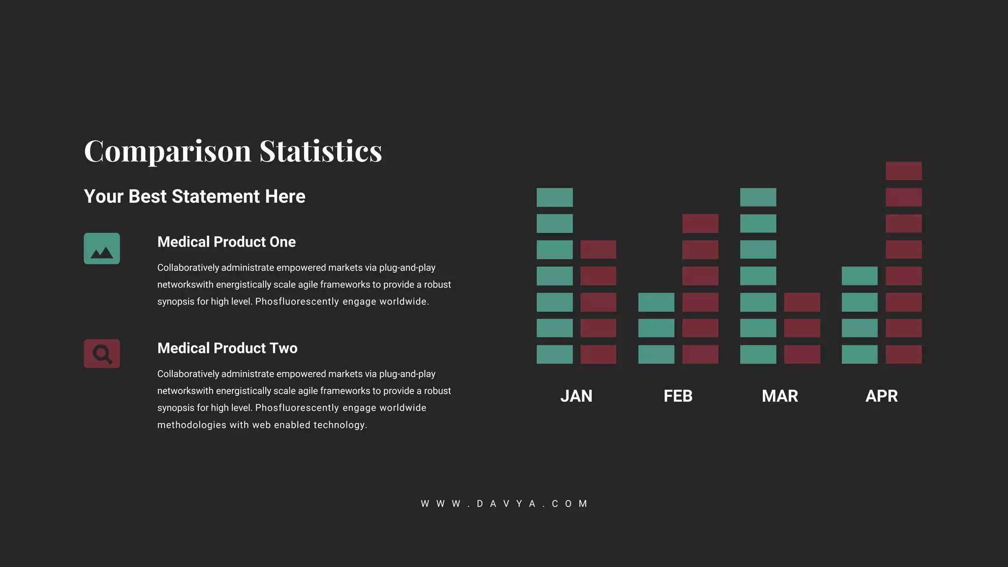 W W W . D A V Y A . C O M
Collaboratively administrate empowered markets via plug-and-play
networkswith energistically scale agile frameworks to provide a robust
synopsis for high level. Phosfluorescently engage worldwide.
Medical Product One
Your Best Statement Here
Collaboratively administrate empowered markets via plug-and-play
networkswith energistically scale agile frameworks to provide a robust
synopsis for high level. Phosfluorescently engage worldwide
methodologies with web enabled technology.
Medical Product Two
APR
MAR
FEB
JAN
 