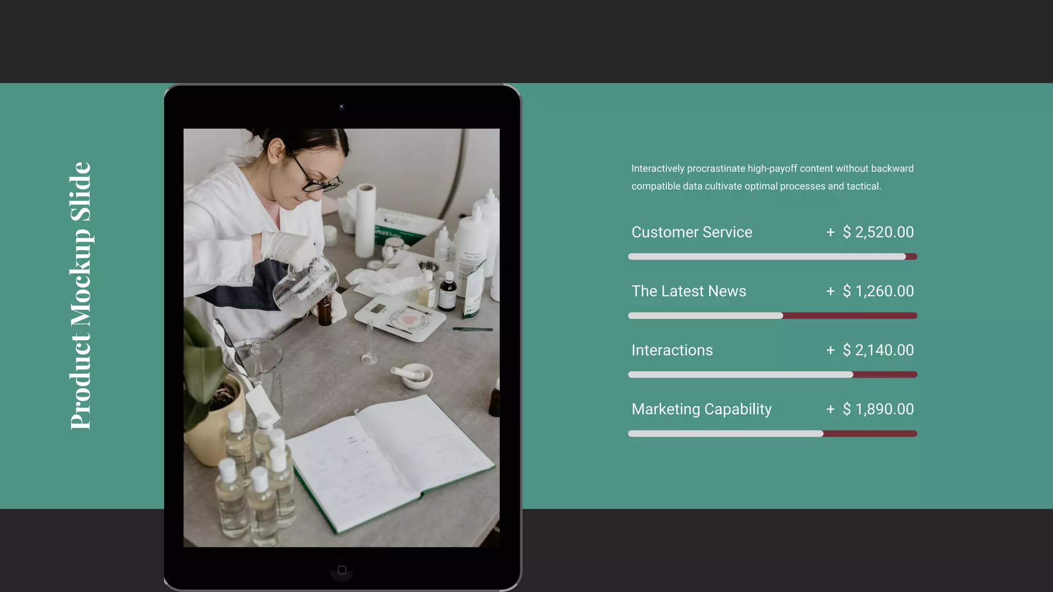 Customer Service + $ 2,520.00
The Latest News + $ 1,260.00
Interactions + $ 2,140.00
Marketing Capability + $ 1,890.00
Interactively procrastinate high-payoff content without backward
compatible data cultivate optimal processes and tactical.
 