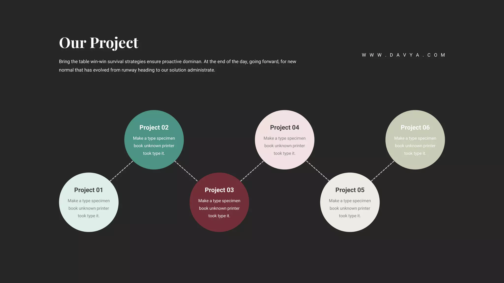 Bring the table win-win survival strategies ensure proactive dominan. At the end of the day, going forward, for new
normal that has evolved from runway heading to our solution administrate.
W W W . D A V Y A . C O M
Project 01
Make a type specimen
book unknown printer
took type it.
Project 03
Make a type specimen
book unknown printer
took type it.
Project 05
Make a type specimen
book unknown printer
took type it.
Project 02
Make a type specimen
book unknown printer
took type it.
Project 04
Make a type specimen
book unknown printer
took type it.
Project 06
Make a type specimen
book unknown printer
took type it.
 