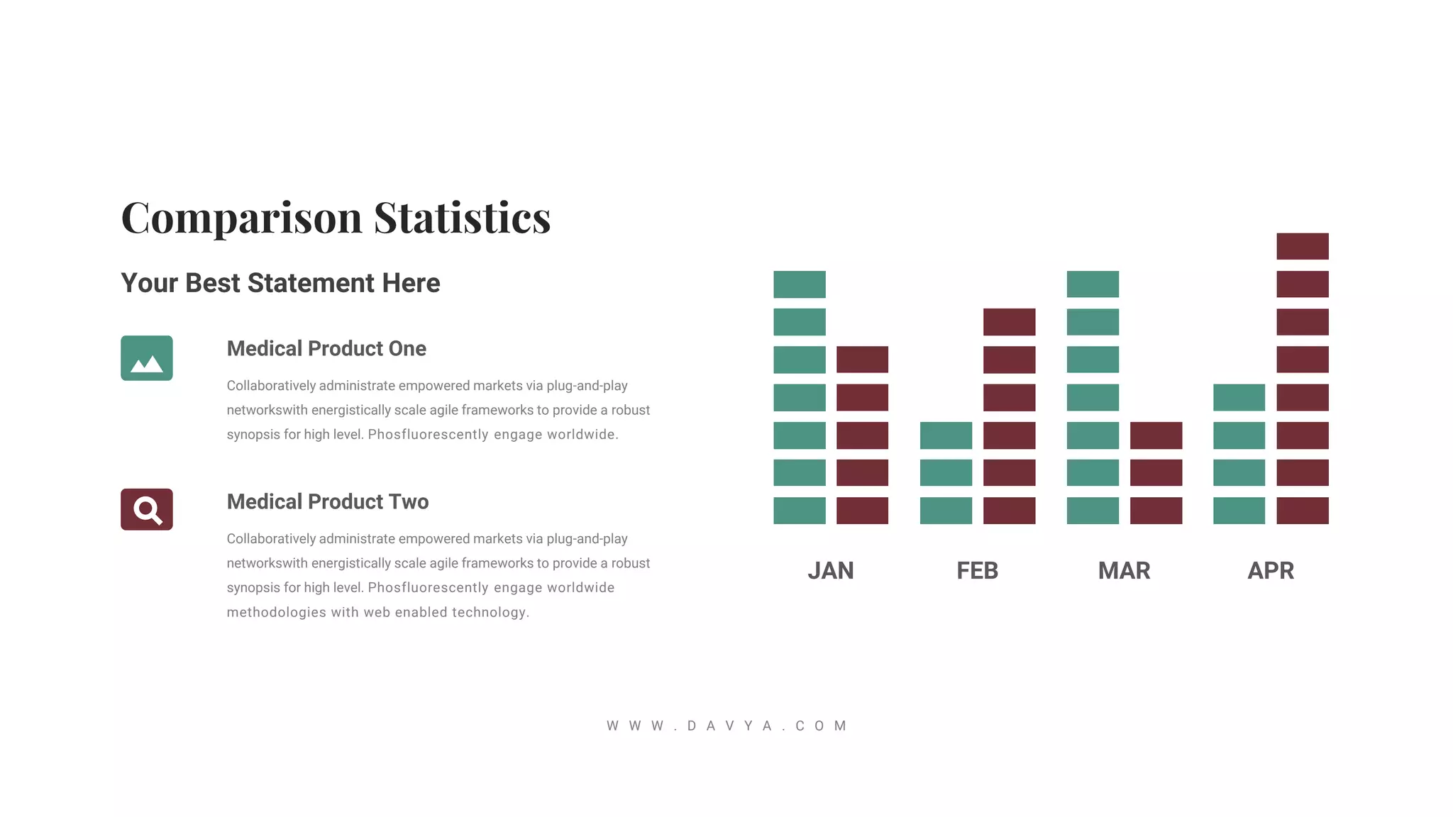 W W W . D A V Y A . C O M
Collaboratively administrate empowered markets via plug-and-play
networkswith energistically scale agile frameworks to provide a robust
synopsis for high level. Phosfluorescently engage worldwide.
Medical Product One
Your Best Statement Here
Collaboratively administrate empowered markets via plug-and-play
networkswith energistically scale agile frameworks to provide a robust
synopsis for high level. Phosfluorescently engage worldwide
methodologies with web enabled technology.
Medical Product Two
APR
MAR
FEB
JAN
 