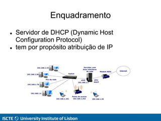 Enquadramento
 Servidor de DHCP (Dynamic Host
Configuration Protocol)
 tem por propósito atribuição de IP
 