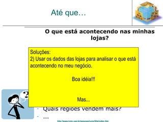 Até que… 
O que está acontecendo nas minhas 
lojas? 
Soluções: 
2) Usar os dados das lojas para analisar o que está 
acontecendo no meu negócio. 
- O que é vendido mais? 
- Quando? 
- Por qual loja? 
- Qual a melhor Boa idéia!!! 
loja? 
- Quanto estou faturando? 
- Qual seria uma boa oferta? 
- As vendas cresceram Mas... 
ou subiram? 
- Quais regiões vendem mais? 
- ... 
http://www.icmc.usp.br/pessoas/junio/Site/index.htm 
 