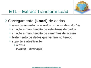 ETL – Extract Transform Load 
 Carregamento (Load) de dados 
 armazenamento de acordo com o modelo do DW 
 criação e manutenção de estruturas de dados 
 criação e manutenção de caminhos de acesso 
 tratamento de dados que variam no tempo 
 suporte a atualização 
 refresh 
 purging (eliminação) 
http://www.icmc.usp.br/pessoas/junio/Site/index.htm 
 