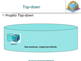 Top-down 
 Projeto Top-down 
Data warehouse : projeto bem definido. 
http://www.icmc.usp.br/pessoas/junio/Site/index.htm 
Datamart 1 
 