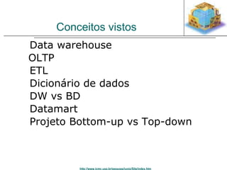 Conceitos vistos 
 Data warehouse 
 OLTP 
 ETL 
 Dicionário de dados 
 DW vs BD 
 Datamart 
 Projeto Bottom-up vs Top-down 
http://www.icmc.usp.br/pessoas/junio/Site/index.htm 
 