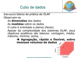 Cubo de dados 
Estrutura básica da prática de OLAP 
Observam-se 
As dimensões dos dados 
As medidas sobre os dados 
O cubo é orientado a planos (faces) 
Apesar da complexidade dos sistemas OLAP, seus 
objetivos analíticos são básicos: contagem, média, 
máximo, mínimo, soma, ... 
 Agregação, rápida e flexível, sobre 
imensos volumes de dados 
http://www.icmc.usp.br/pessoas/junio/Site/index.htm 
 