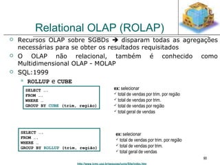 http://www.icmc.usp.br/pessoas/junio/Site/index.htm 
90 
Relational OLAP (ROLAP) 
 Recursos OLAP sobre SGBDs  disparam todas as agregações 
necessárias para se obter os resultados requisitados 
 O OLAP não relacional, também é conhecido como 
Multidimensional OLAP - MOLAP 
 SQL:1999 
 ROLLUP e CUBE 
SELECT …. 
FROM …. 
WHERE … 
GROUP BY CUBE (trim, região) 
ex: selecionar 
 total de vendas por trim. por região 
 total de vendas por trim. 
 total de vendas por região 
 total geral de vendas 
SELECT …. 
FROM …. 
WHERE … 
GROUP BY ROLLUP (trim, região) 
ex: selecionar 
 total de vendas por trim. por região 
 total de vendas por trim. 
 total geral de vendas 
 