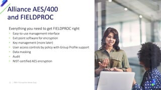 Everything you need to get FIELDPROC right
• Easy-to-use management interface
• Exit point software for encryption
• Key management (more later)
• User access controls by policy with Group Profile support
• Data masking
• Audit
• NIST-certified AES encryption
Alliance AES/400
and FIELDPROC
17 | IBM I Encryption Made Easy
 