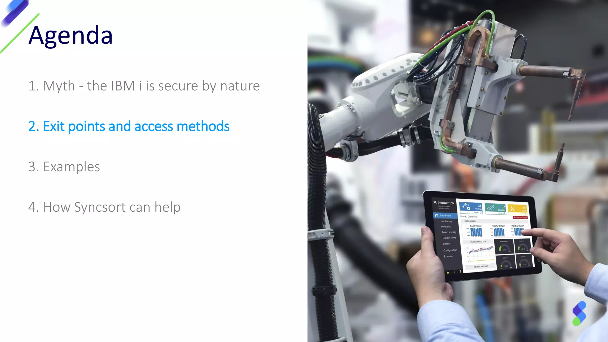 1. Myth - the IBM i is secure by nature
2. Exit points and access methods
3. Examples
4. How Syncsort can help
Agenda
 