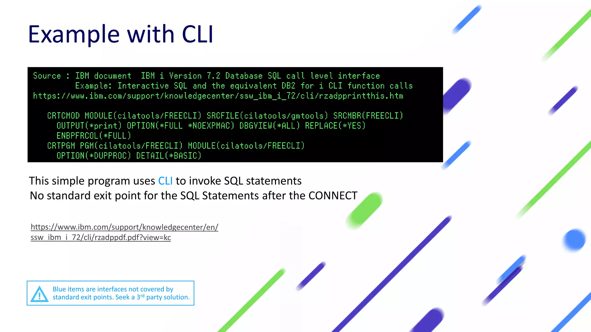 This simple program uses CLI to invoke SQL statements
No standard exit point for the SQL Statements after the CONNECT
Example with CLI
Blue items are interfaces not covered by
standard exit points. Seek a 3rd party solution.
 