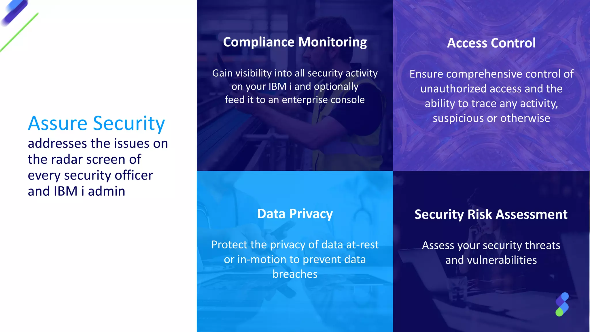 Data Privacy
Protect the privacy of data at-rest
or in-motion to prevent data
breaches
Access Control
Ensure comprehensive control of
unauthorized access and the
ability to trace any activity,
suspicious or otherwise
Compliance Monitoring
Gain visibility into all security activity
on your IBM i and optionally
feed it to an enterprise console
Security Risk Assessment
Assess your security threats
and vulnerabilities
Assure Security
addresses the issues on
the radar screen of
every security officer
and IBM i admin
 