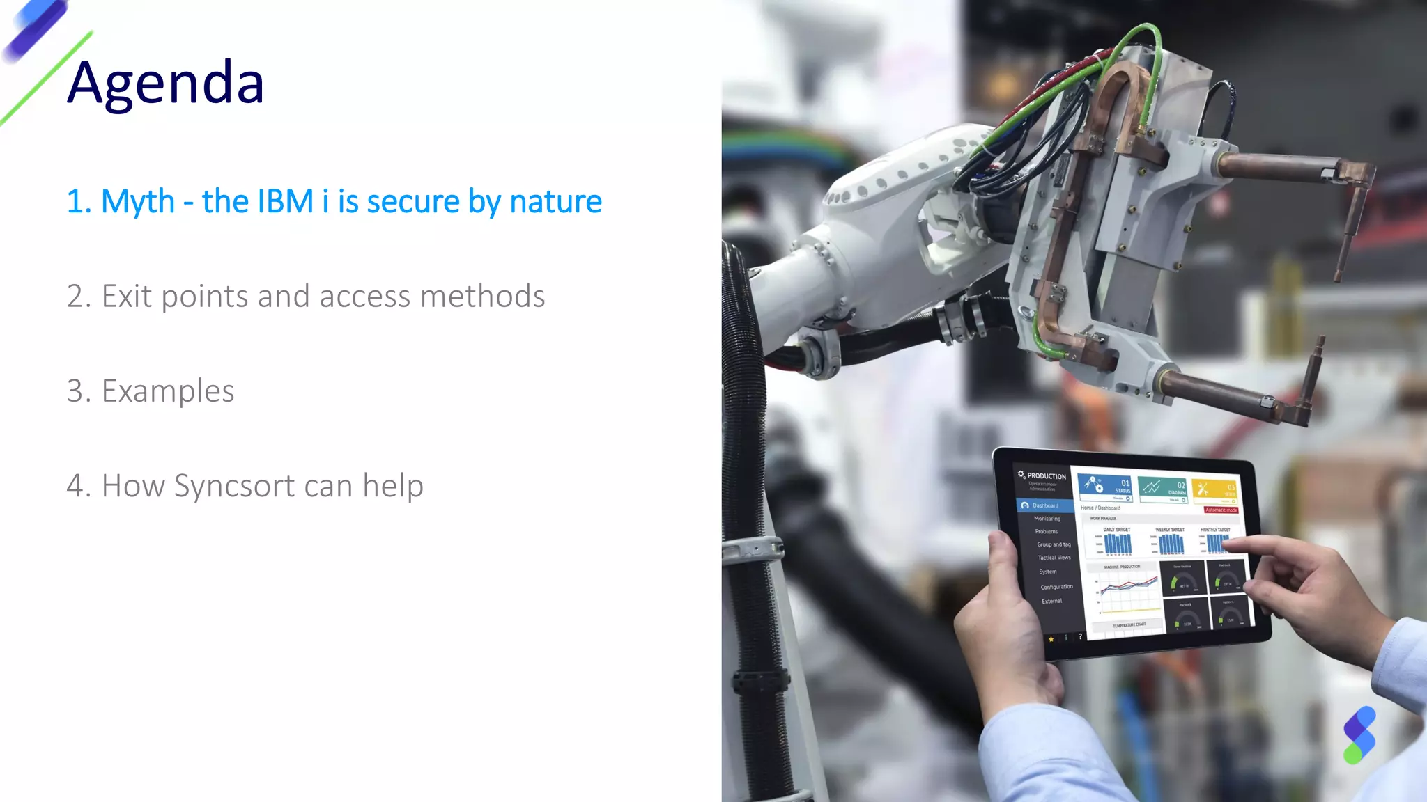 1. Myth - the IBM i is secure by nature
2. Exit points and access methods
3. Examples
4. How Syncsort can help
Agenda
 