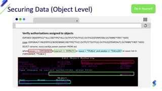 Securing Data (Object Level)
Verify authorizations assigned to objects
DSPOBJD OBJ(ERPFILE/*ALL) OBJTYPE(*ALL) OUTPUT(*OUTFILE) OUTFILE(QTEMP/OBJ) OUTMBR(*FIRST *ADD)
Loop: DSPOBJAUT OBJ(ERPFILE/&ODOBNM) OBJTYPE(*FILE) OUTPUT(*OUTFILE) OUTFILE(QTEMP/AUT) OUTMBR(*FIRST *ADD)
SELECT oaname, oausr,oaobja,oaown,oaanam FROM aut
where oaown <> 'ERPOWNER' or oaanam <> 'ERPAUTL' or (oausr = '*PUBLIC' and oaobja <> '*EXCLUDE') or oausr not in
('ERPOWNER','*PUBLIC')
Do It Yourself
 