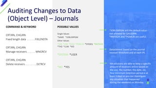 COMMAND & KEYWORD
CRTJRN, CHGJRN
Fixed length data . . . . . .FIXLENDTA
CRTJRN, CHGJRN
Manage receivers . . . . . . MNGRCV
CRTJRN, CHGJRN
Delete receivers . . . . . . . . DLTRCV
POSSIBLE VALUES
Single Values
*SAME *JOBUSRPGM
Other Values
*JOB *USR *PGM *PGMLIB *SYSSEQ *RMTADR
*THD *LUW *XID
*SYSTEM *USER
*NO *YES
Auditing Changes to Data
(Object Level) – Journals
HA solutions are able to keep a specific
amount of receivers online based on
the size, the number, the date, etc.
Your minimum retention period is at
least 3 days so you can investigate
any situation that happened
during the weekend on Monday.
Detachment based on the journal
receiver threshold and at each IPL
*JOBUSRPGM still the default value -
not allowed for QAUDJRN
*RMTADR and *PGMLIB are useful;
 