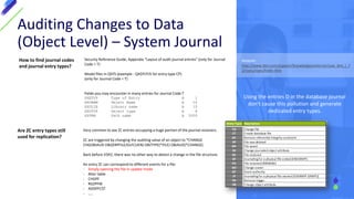 Auditing Changes to Data
(Object Level) – System Journal
How to find journal codes
and journal entry types?
Security Reference Guide, Appendix “Layout of audit journal entries” (only for Journal
Code = T)
Model files in QSYS (example : QASYCPJ5 for entry type CP)
(only for Journal Code = T)
Fields you may encounter in many entries for Journal Code T
XXETYP Type of Entry A 1
XXONAM Object Name A 10
XXOLIB Library name A 10
XXOTYP Object type A 8
XXPNM Path name A 5000
Are ZC entry types still
used for replication?
Very common to see ZC entries occupying a huge portion of the journal receivers.
ZC are triggered by changing the auditing value of an object to *CHANGE
CHGOBJAUD OBJ(ERPFILE/GLFCLIEN) OBJTYPE(*FILE) OBJAUD(*CHANGE)
Back before V5R2, there was no other way to detect a change in the file structure.
An entry ZC can correspond to different events for a file:
- Simply opening the file in update mode
- Alter table
- CHGPF
- RGZPFM
- ADDPFCST
- …..
Using the entries D in the database journal
don't cause this pollution and generate
dedicated entry types.
Website:
http://www.ibm.com/support/knowledgecenter/en/ssw_ibm_i_7
2/rzaru/rzarufinder.htm
 