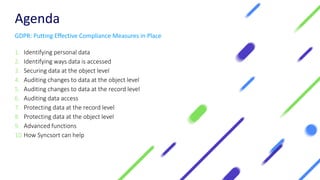 Agenda
1. Identifying personal data
2. Identifying ways data is accessed
3. Securing data at the object level
4. Auditing changes to data at the object level
5. Auditing changes to data at the record level
6. Auditing data access
7. Protecting data at the record level
8. Protecting data at the object level
9. Advanced functions
10.How Syncsort can help
GDPR: Putting Effective Compliance Measures in Place
 