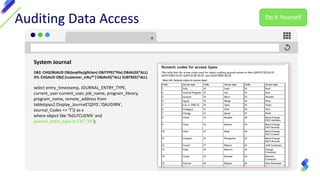 Auditing Data Access
System Journal
select entry_timestamp, JOURNAL_ENTRY_TYPE,
current_user current_user, job_name, program_library,
program_name, remote_address from
table(qsys2.Display_Journal('QSYS','QAUDJRN',
Journal_Codes => 'T')) as x
where object like '%GLFCLIEN%' and
journal_entry_type in ('ZC','ZR');
DB2: CHGOBJAUD OBJ(erpfile/glfclien) OBJTYPE(*file) OBJAUD(*ALL)
IFS: CHGAUD OBJ('/customer_info/*') OBJAUD(*ALL) SUBTREE(*ALL)
Do It Yourself
 