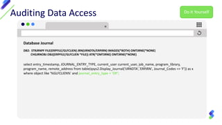 DB2: STRJRNPF FILE(ERPFILE/GLFCLIEN) JRN(IJRNDTA/ERPJRN) IMAGES(*BOTH) OMTJRNE(*NONE)
CHGJRNOBJ OBJ((ERPFILE/GLFCLIEN *FILE)) ATR(*OMTJRNE) OMTJRNE(*NONE)
select entry_timestamp, JOURNAL_ENTRY_TYPE, current_user current_user, job_name, program_library,
program_name, remote_address from table(qsys2.Display_Journal('IJRNDTA','ERPJRN', Journal_Codes => 'F')) as x
where object like '%GLFCLIEN%' and journal_entry_type = 'OP';
Auditing Data Access
Database Journal
Do It Yourself
 
