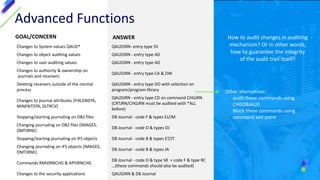 Advanced Functions
GOAL/CONCERN ANSWER
Changes to System values QAUD* QAUDJRN- entry type SV
Changes to object auditing values QAUDJRN - entry type AD
Changes to user auditing values QAUDJRN - entry type AD
Changes to authority & ownership on
journals and receivers
QAUDJRN - entry type CA & OW
Deleting receivers outside of the normal
process
QAUDJRN - entry type DO with selection on
program/program library
Changes to journal attributes (FIXLENDTA,
MINENTDTA, DLTRCV)
QAUDJRN - entry type CD on command CHGJRN
(CRTJRN/CHGJRN must be audited with *ALL
before)
Stopping/starting journaling on DB2 files DB Journal - code F & types EJ/JM
Changing journaling on DB2 files (IMAGES,
OMTJRNE)
DB Journal - code D & types DJ
Stopping/starting journaling on IFS objects DB Journal - code B & types ET/JT
Changing journaling on IFS objects (IMAGES,
OMTJRNE)
DB Journal - code B & types JA
Commands RMVJRNCHG & APYJRNCHG
DB Journal - code D & type SR + code F & type RC
…(these commands should also be audited)
Changes to the security applications QAUDJRN & DB Journal
Other alternatives:
- audit these commands using
CHGOBJAUD
- Block these commands using
command exit point
How to audit changes in auditing
mechanism? Or in other words,
how to guarantee the integrity
of the audit trail itself?
 