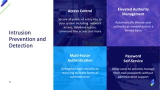 Multi-Factor
Authentication
Strengthen login security by
requiring multiple forms of
authentication
Elevated Authority
Management
Automatically elevate user
authority as-needed and on a
limited basis
Access Control
Secure all points of entry into to
your system including network
access, database access,
command line access and more
Password
Self-Service
Allow users to securely manage
their own passwords without
administrative support
Intrusion
Prevention and
Detection
51
 