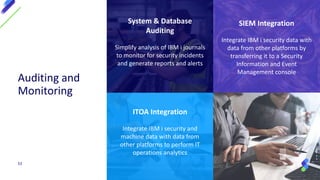 ITOA Integration
Integrate IBM i security and
machine data with data from
other platforms to perform IT
operations analytics
SIEM Integration
Integrate IBM i security data with
data from other platforms by
transferring it to a Security
Information and Event
Management console
System & Database
Auditing
Simplify analysis of IBM i journals
to monitor for security incidents
and generate reports and alerts
Auditing and
Monitoring
53
 