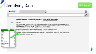 Identifying Data
How to search for names in the IFS using a dictionnary?
SELECT
QEZDIRNAM1,QEZOBJNAM,QEZOBJTYPE,QEZDTASIZE,QEZOWN,QEZCRTTIM,QEZA
CCTIM,QEZCHGTIMD FROM ijrndemoex.rtvdirinfo o
left join ijrndemoex.rtvdirinfd d on o.QEZDIRIDX = d.QEZDIRIDX
join gm.gdprdic dic1 on lower(QEZDIRNAM1 concat QEZOBJNAM) like '%' concat
dic1.searchfor concat '%' ;
IFS
SEARCHFOR LEN
name 20
address 20
zip 10
mail 20
city 20
country 20
tel 15
size of shoes 2
favorite chocolate 20
customer 8
client 6
Do It Yourself
 