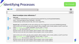 Identifying Processes
DB2
IFS
How to analyze cross references ?
Static way:
cl: DSPPGMREF PGM(ERPPGM/*ALL) OUTPUT(*OUTFILE) OBJTYPE(*ALL) OUTFILE(QTEMP/PGMREF);
select * from qtemp.pgmref where WHSNAM = 'GLFCLIEN‘;
Limitations/traps: override, dynamic SQL, client server, logical files, …
Dynamic way: using QAUDJRN, for files with auditing value *ALL (triggered by commande CHGOBJAUD/CHGAUD)
select current_user current_user, job_name, program_library, program_name, remote_address, count(*) count from
table(qsys2.Display_Journal('QSYS','QAUDJRN', Journal_Codes => 'T')) as x
where object like '%GLFCLIEN%' and JOURNAL_ENTRY_TYPE in ('ZC', 'ZR')
group by current_user, job_name, program_library, program_name, remote_address
order by current_user, job_name, program_library, program_name, remote_address;
select current_user current_user, job_name, program_library, program_name, remote_address, count(*) count from
table(qsys2.Display_Journal('QSYS','QAUDJRN', Journal_Codes => 'T')) as x
where path_name like '/Customer_Info/%' and JOURNAL_ENTRY_TYPE in ('ZC', 'ZR')
group by current_user, job_name, program_library, program_name, remote_address
order by current_user, job_name, program_library, program_name, remote_address;
DB2
Do It Yourself
 
