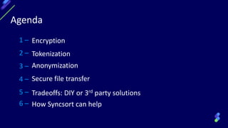 Agenda
1 – Encryption
2 – Tokenization
3 – Anonymization
4 – Secure file transfer
Tradeoffs: DIY or 3rd party solutions5 –
How Syncsort can help6 –
 