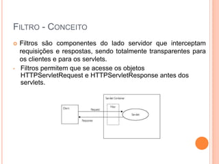 FILTRO - CONCEITO
 Filtros são componentes do lado servidor que interceptam
requisições e respostas, sendo totalmente transparentes para
os clientes e para os servlets.
• Filtros permitem que se acesse os objetos
HTTPServletRequest e HTTPServletResponse antes dos
servlets.
 