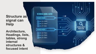 Structure as
signal can
Help
Architecture,
Headings, lists,
tables, strong
internal
structures &
focused intent
 