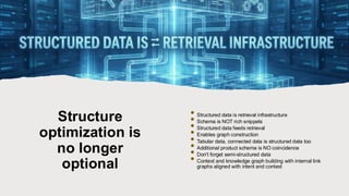 Structure
optimization is
no longer
optional
• Structured data is retrieval infrastructure
• Schema is NOT rich snippets
• Structured data feeds retrieval
• Enables graph construction
• Tabular data, connected data is structured data too
• Additional product schema is NO coincidence
• Don't forget semi-structured data
• Context and knowledge graph building with internal link
graphs aligned with intent and context
 