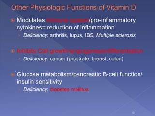  Modulates immune system/pro-inflammatory
cytokines= reduction of inflammation
› Deficiency: arthritis, lupus, IBS, Multiple sclerosis
 Inhibits Cell growth/angiogenesis/differentiation
› Deficiency: cancer (prostrate, breast, colon)
 Glucose metabolism/pancreatic B-cell function/
insulin sensitivity
› Deficiency: diabetes mellitus
10
 