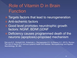  Targets factors that lead to neurogeneration
 Anti-ischemic factors
 Good level promotes neurotrophic growth
factors: NGNF, BDNF,GDNF
 Deficiency causes programmed death of the
neurons (apoptosis)-proposed mechanism
DeLuca,G.C., Kimball,S.M., Kolasinski.J., Ramagopalan,S.V. & Eberes,G.C. (2013). Review:
The role of vitamin D in nervous systems health and disease. Neuropathology and Applied
Neurobiology, 39: 460.
18
 